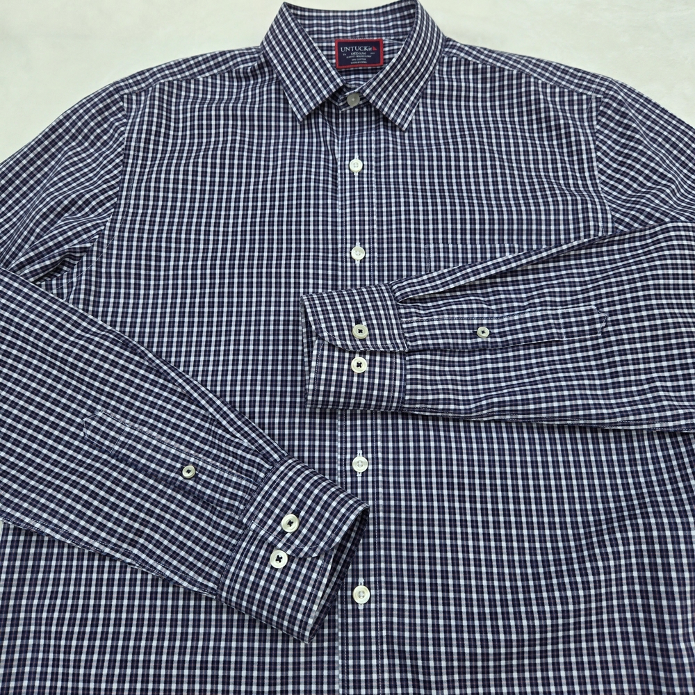 UNTUCKit Shirt Men Medium Blue Orange White Check Slim Fit Wrinkle Free Cotton